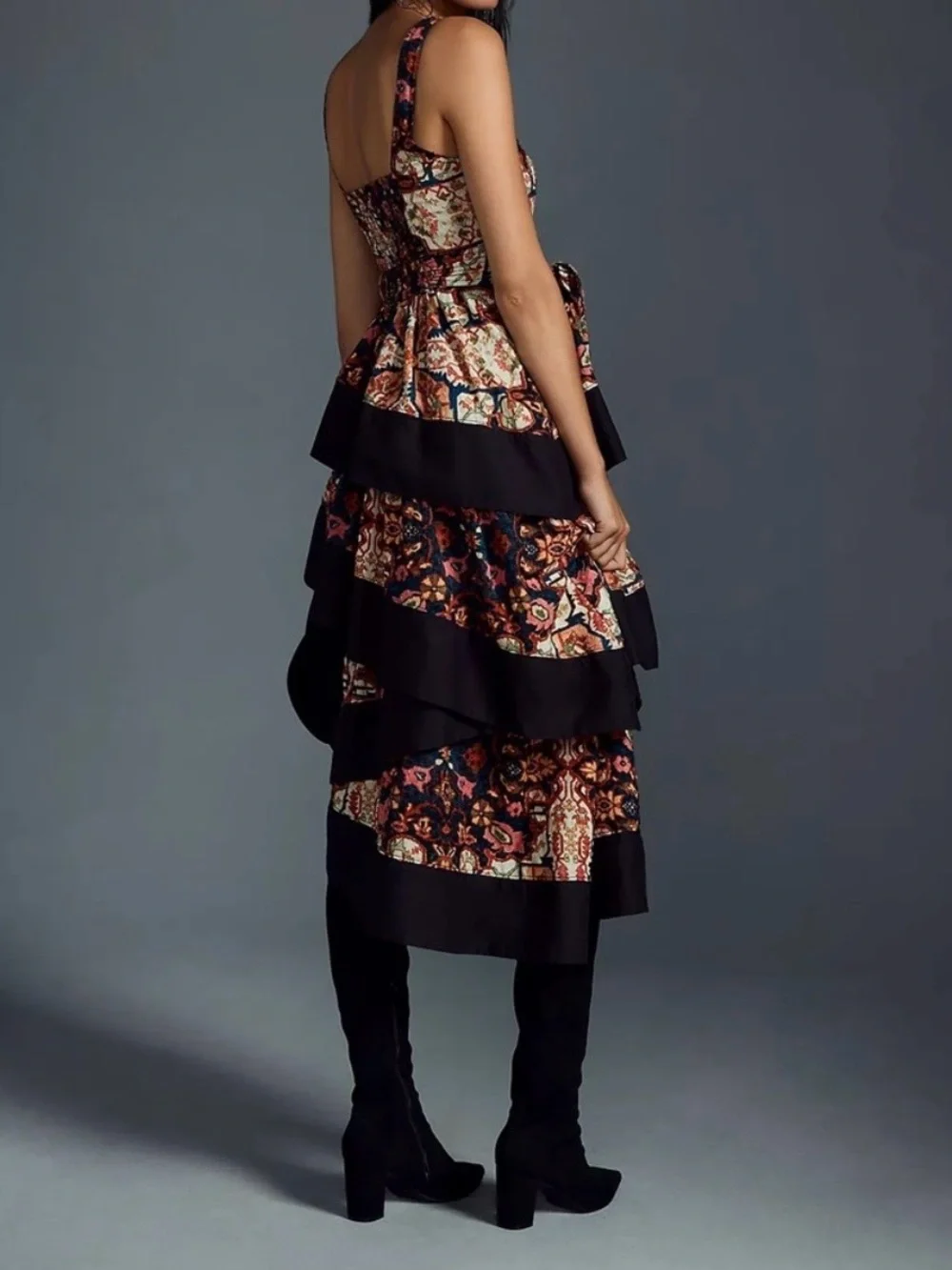 Anthropologie Black Tiered Midi Dress with Multicolor Floral Patchwork - Picture 2 of 7